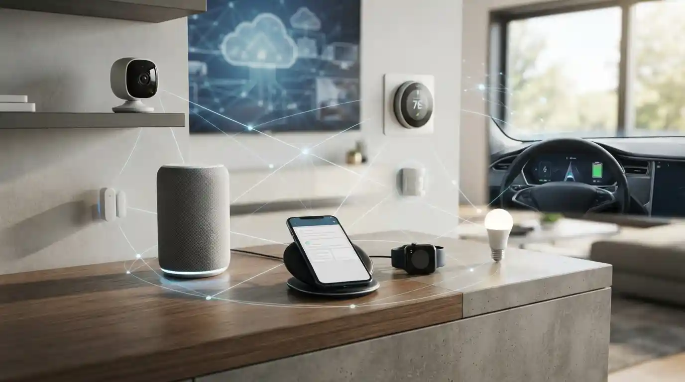 Modern connected devices including a smartphone, smartwatch, smart home hub, security camera, and IoT sensors in a digital ecosystem.
