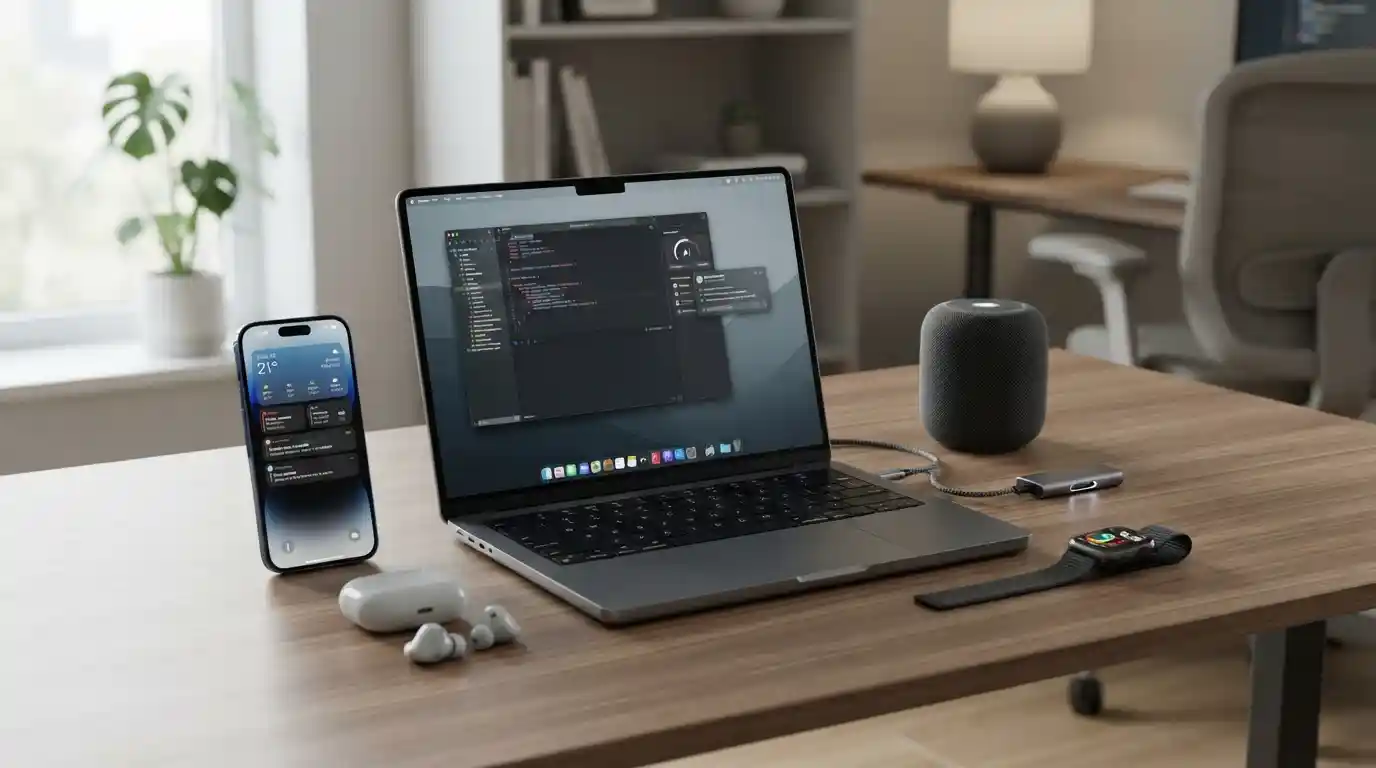 Modern consumer gadgets including a smartphone, smartwatch, wireless earbuds, laptop, and smart home device on a contemporary desk.