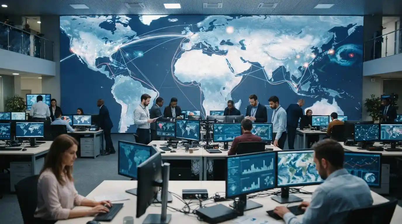 Global newsroom with a digital world map representing international news and current events