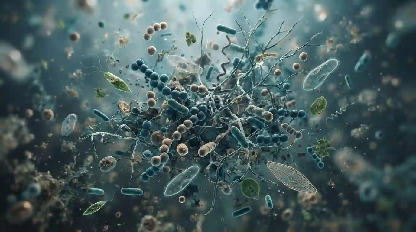 Microscopic view showing diverse microorganisms in a scientific environment