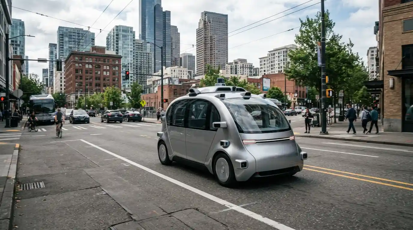 Autonomous electric vehicle driving through a modern city roadway with advanced sensors