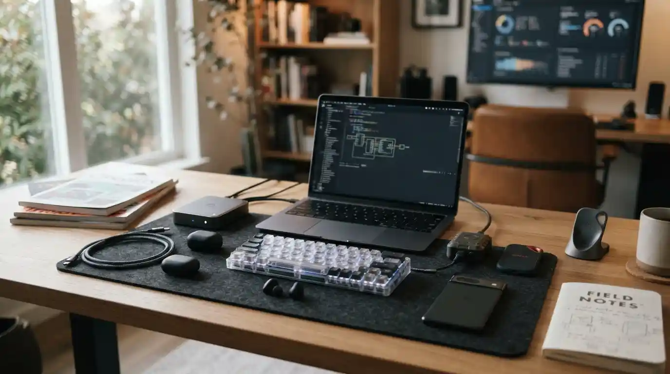 A collection of lesser-known technology devices and gadgets arranged on a modern workspace