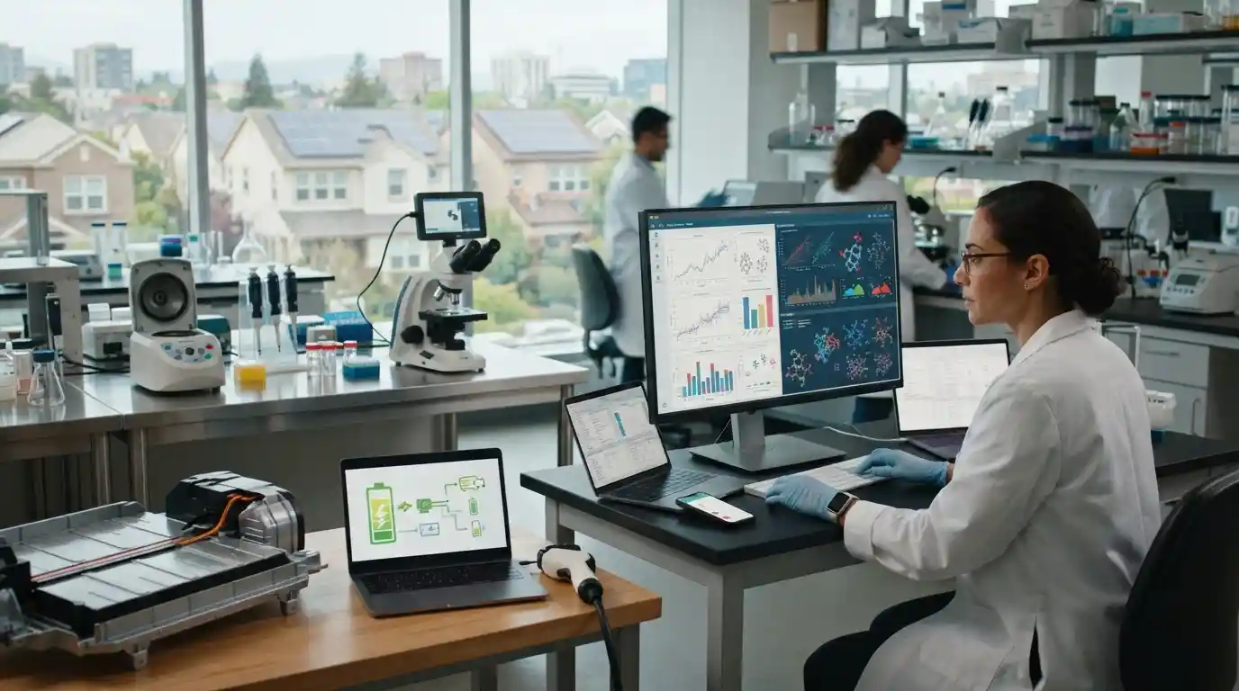 Researcher analyzing scientific data in a modern laboratory with everyday technology nearby