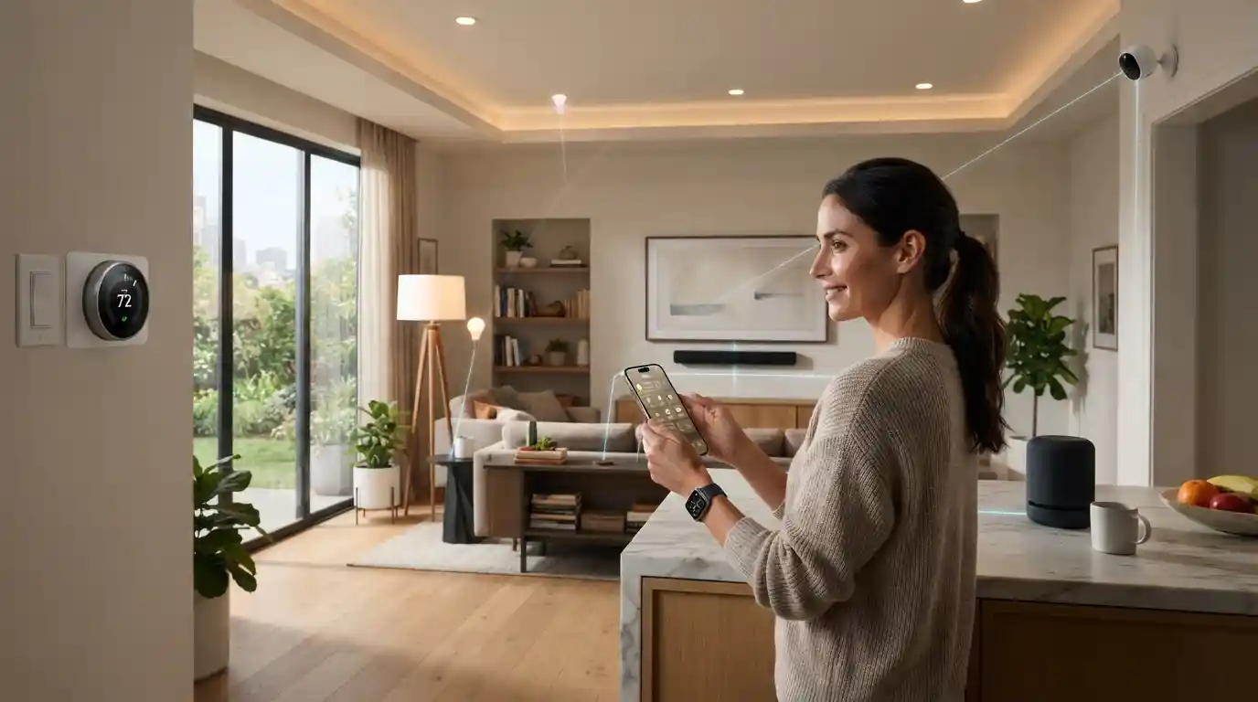 Modern smart home with connected IoT devices controlled through a smartphone