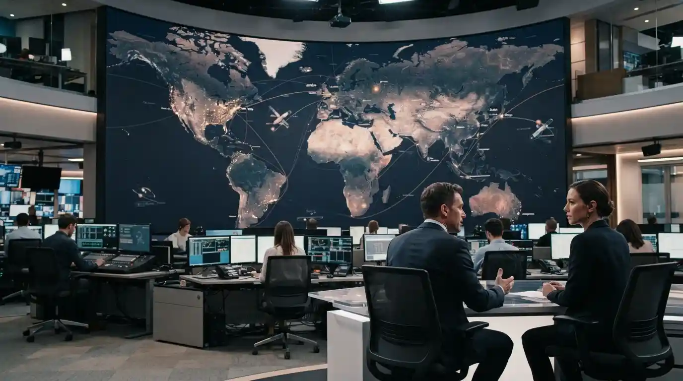 Modern newsroom screens displaying a world map representing international news and global events