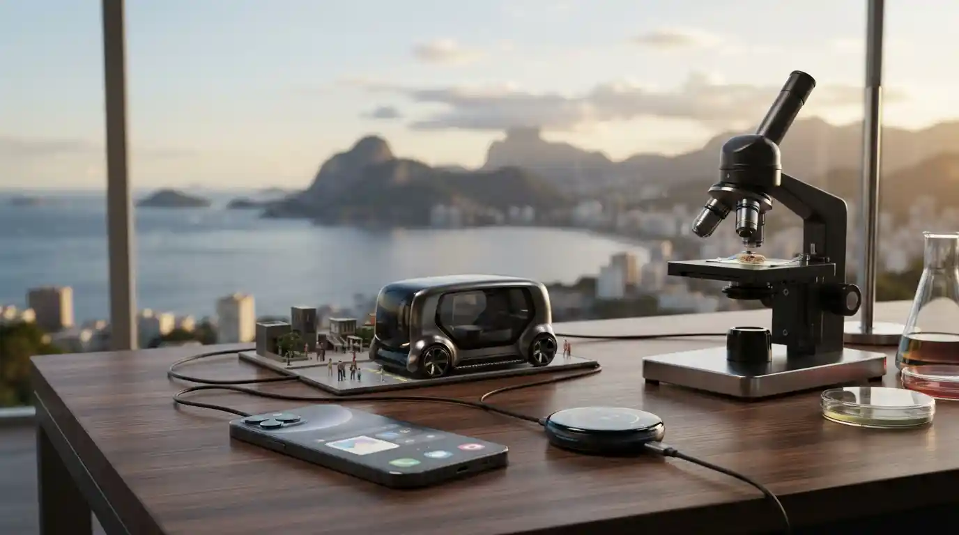 Modern technology, scientific tools, transportation, and travel elements representing current trends and discoveries