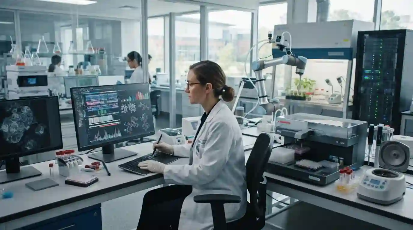 Researcher examining scientific data and advanced laboratory technology during modern scientific research