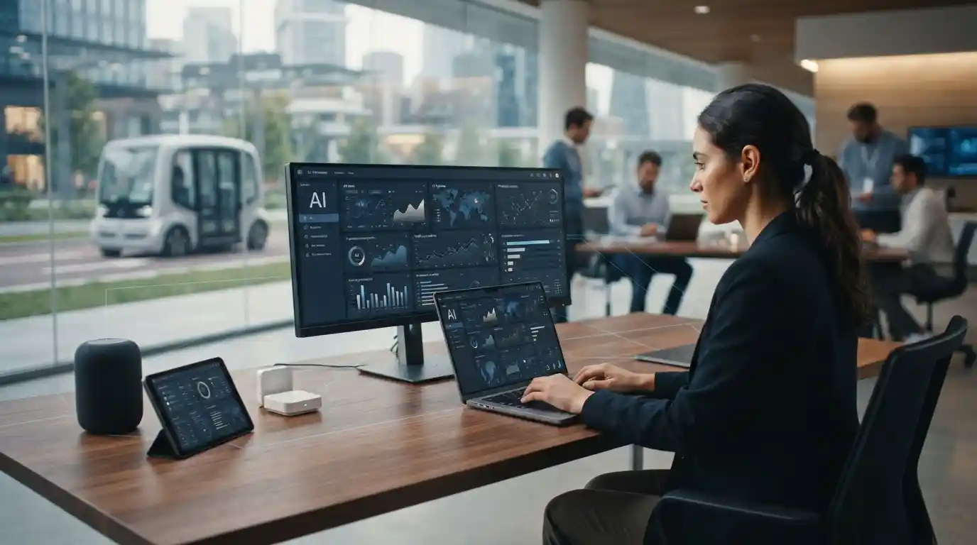 Modern technology workspace showing AI data visualizations, connected smart devices, and emerging digital technology.
