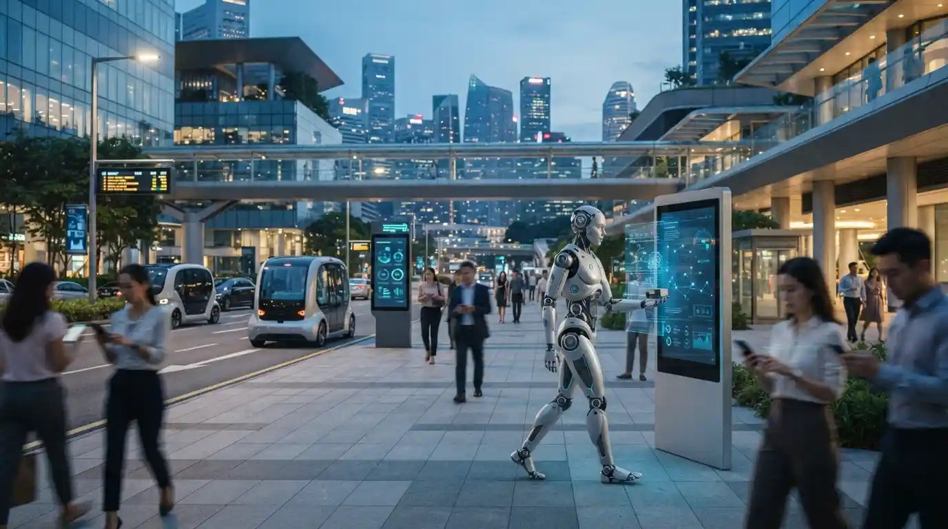 Modern technology ecosystem featuring AI, connected devices, robotics, and autonomous technology.
