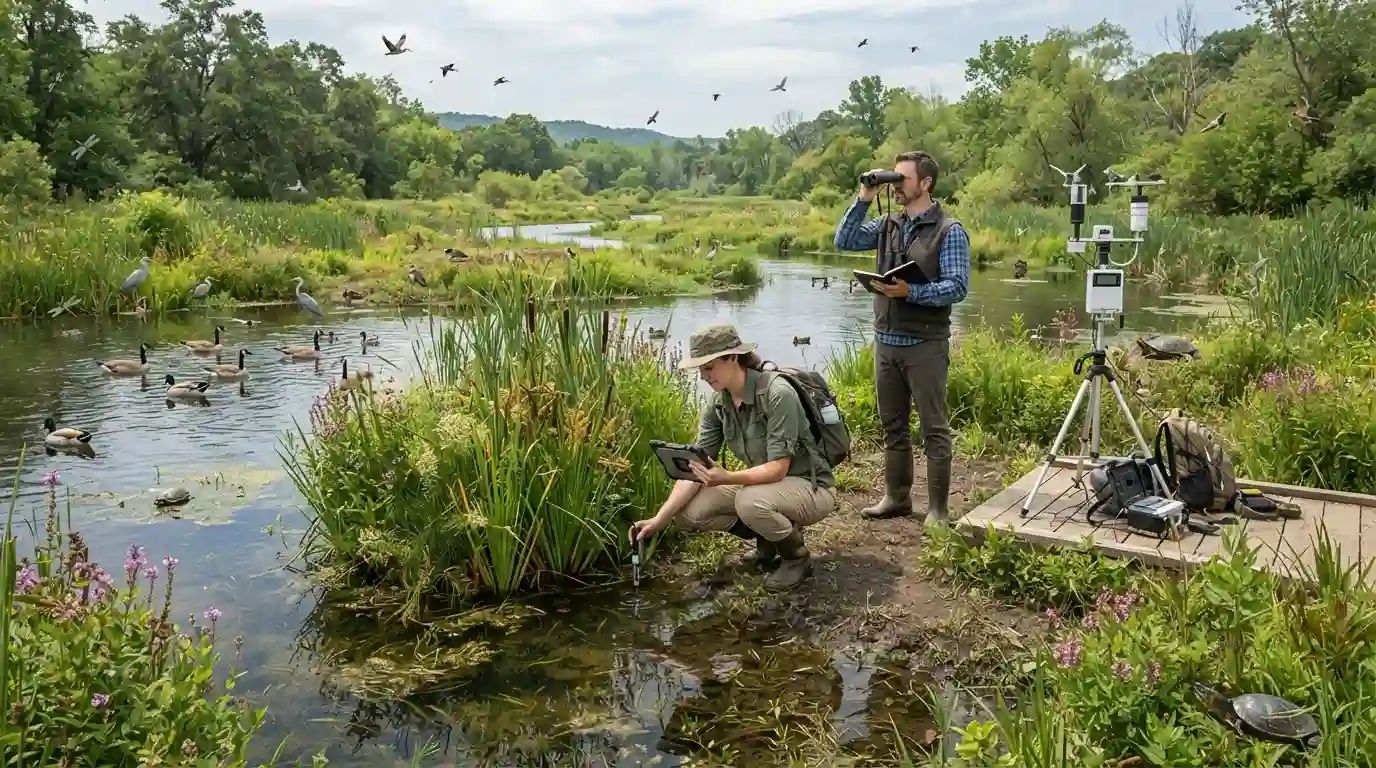 Environmental scientists studying a healthy wetland ecosystem with field monitoring equipment