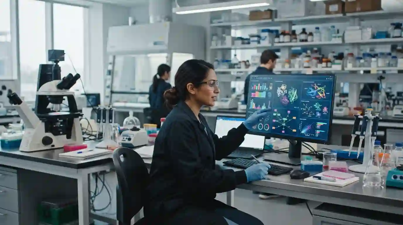 Researcher examining scientific data in a modern laboratory during a research investigation