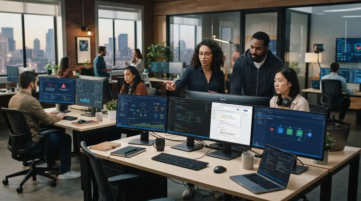 Software developers working with modern coding, cloud, AI, and DevOps tools in a technology workspace