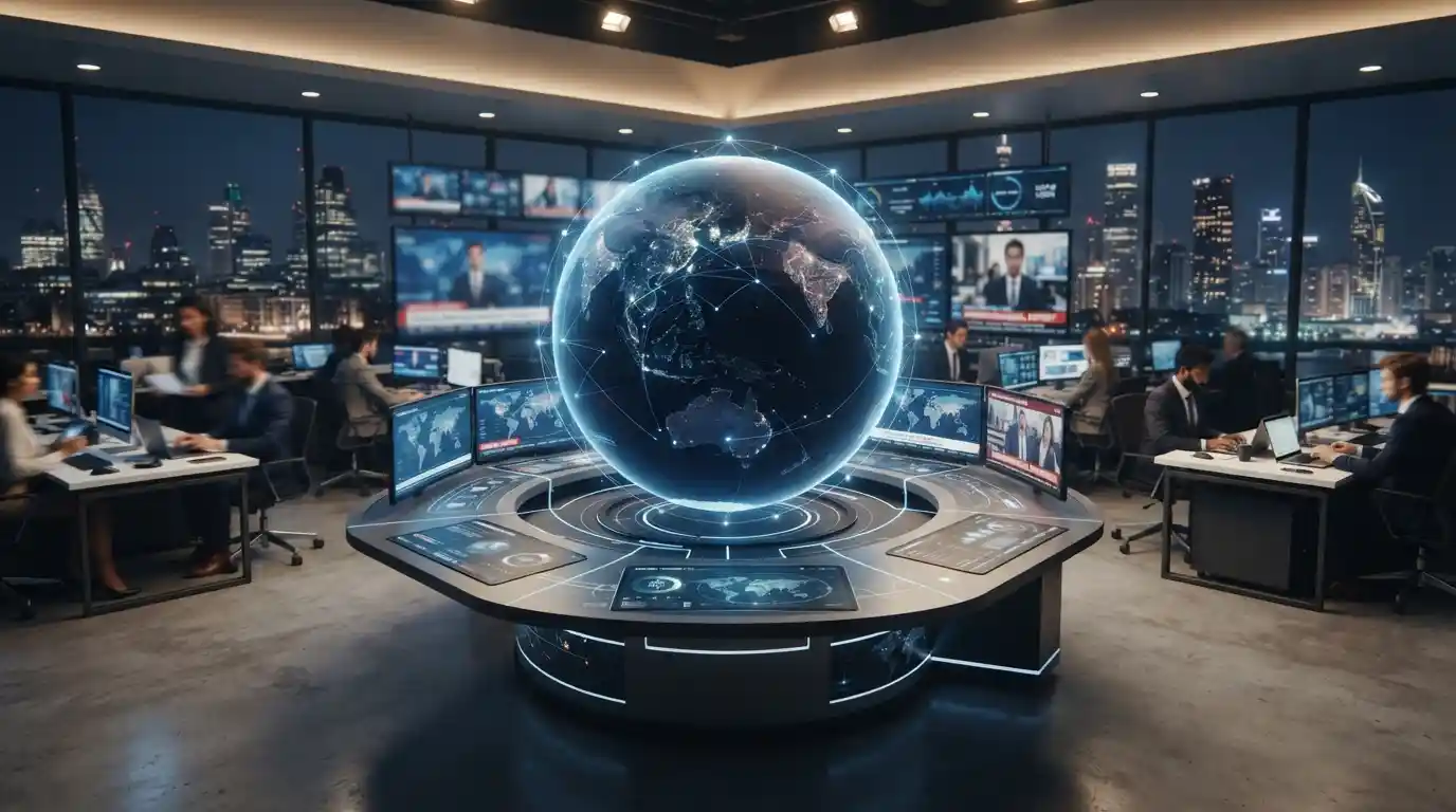 World map surrounded by digital news and information signals representing global headlines