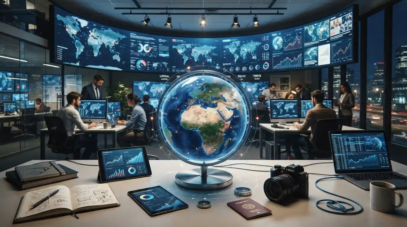 Globe and digital world map representing international news and global analysis