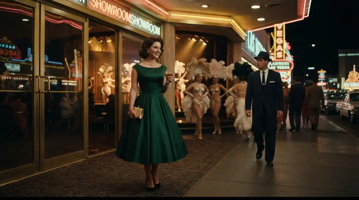 A glamorous 1950s woman in an elegant cocktail dress outside a Las Vegas casino showroom