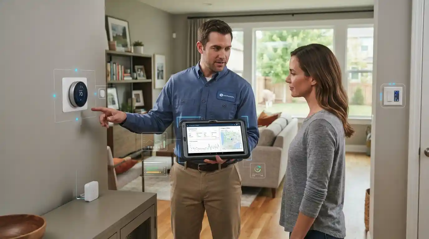 Home service technician using AI-powered technology to manage a smart residential service appointment