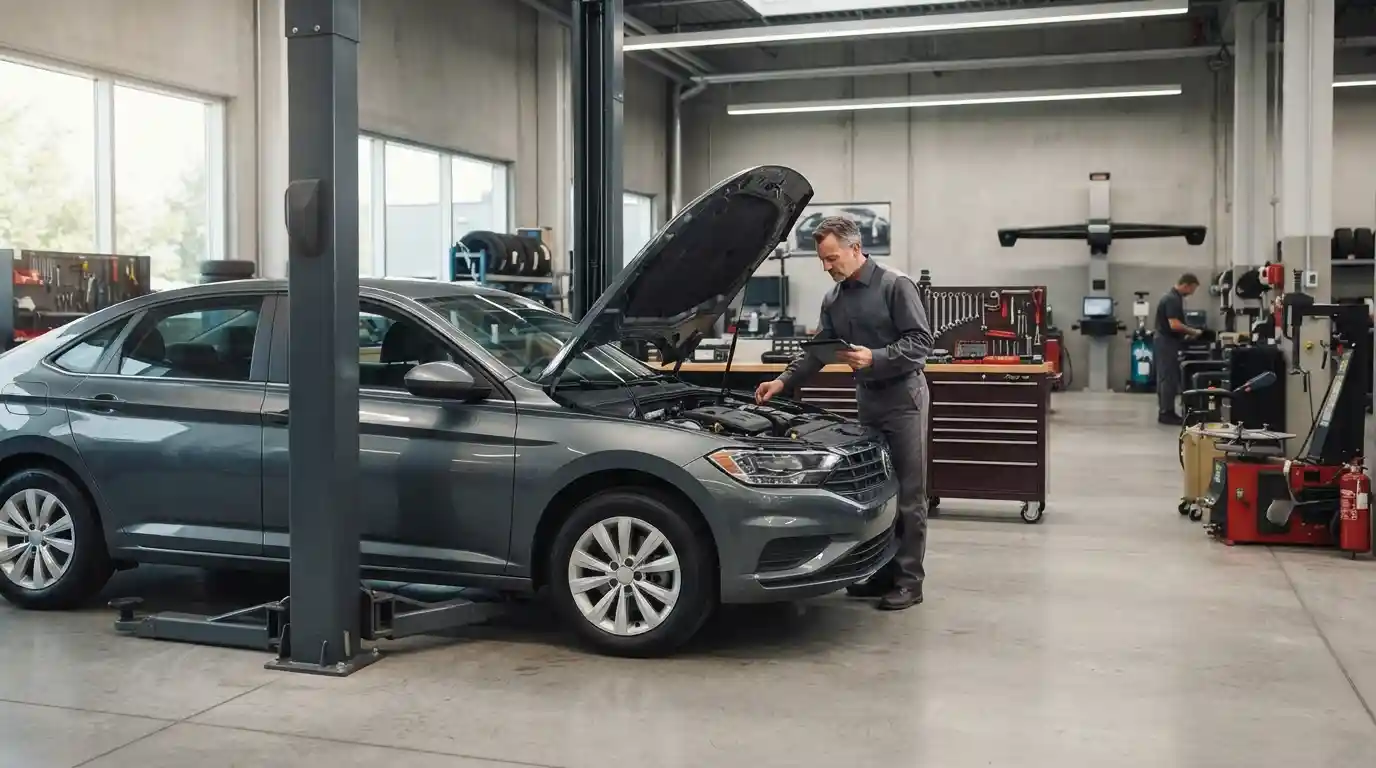 Technician inspecting a passenger vehicle inside a professional auto repair service bay