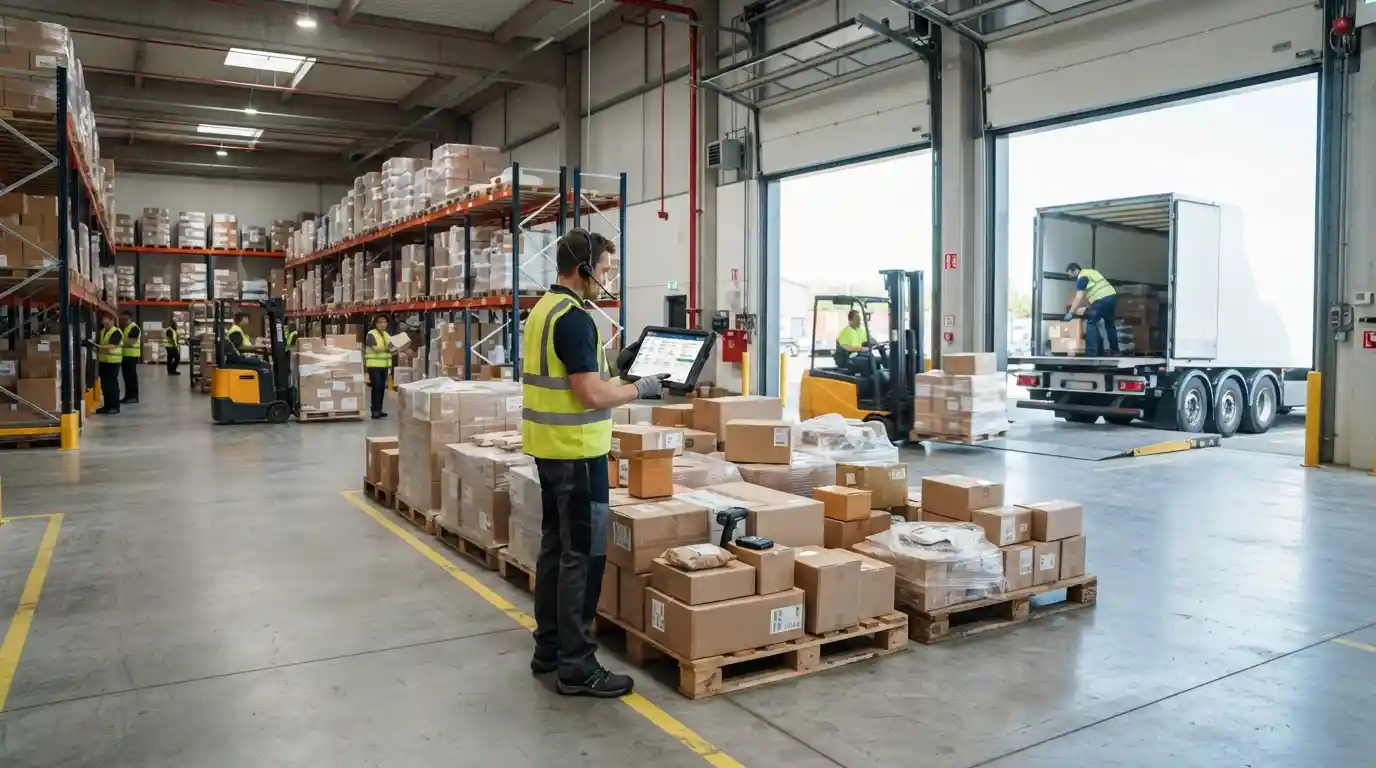 Modern logistics warehouse with organized freight, delivery truck, and digital shipment monitoring