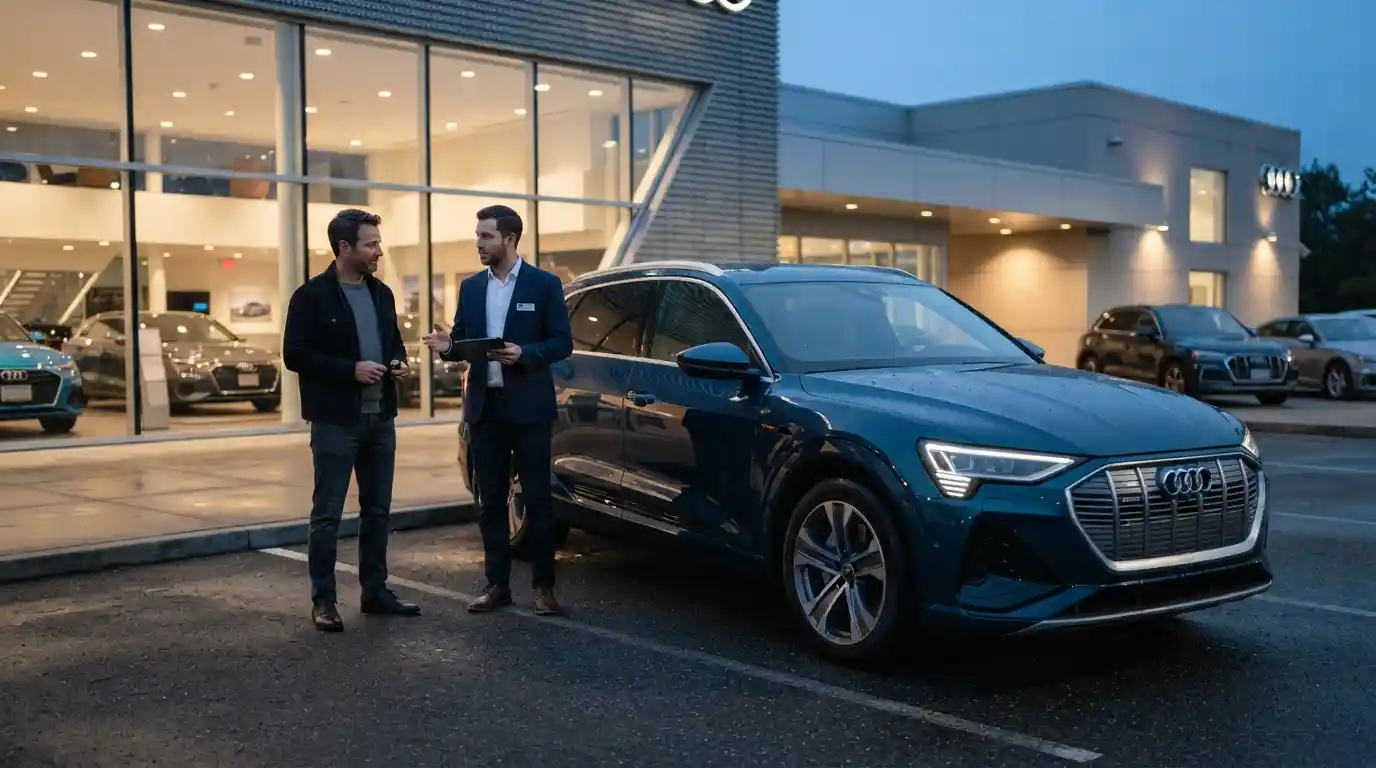 Audi vehicle with a customer discussing financing options at a modern dealership