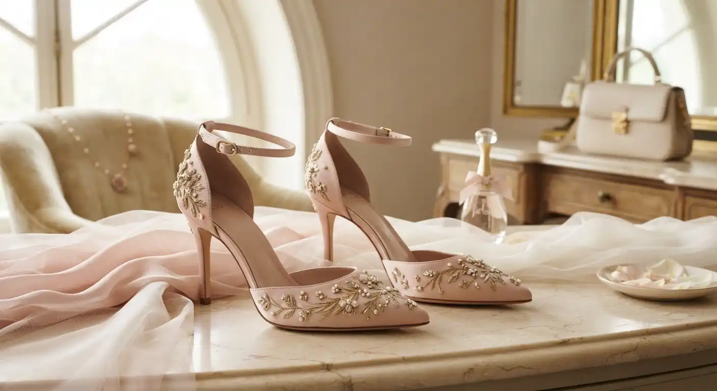 Elegant pink fairy-tale-inspired shoes styled with soft fashion accessories in an editorial setting