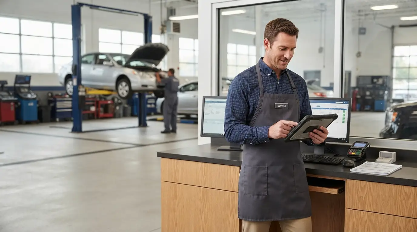Professional auto service writer reviewing a vehicle repair order at an automotive service counter