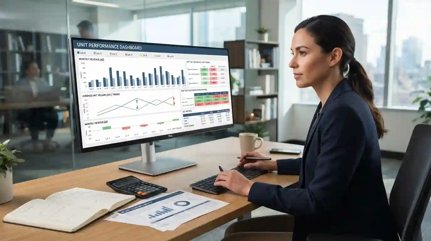 Financial analyst reviewing average unit volume and business revenue performance on a computer dashboard