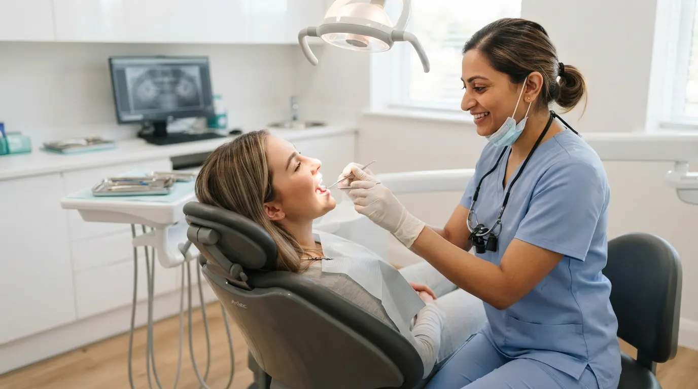 Dentist providing a routine oral examination to a patient in a modern dental clinic