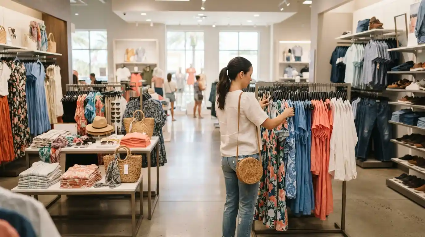 Shopper browsing seasonal clothing, shoes, handbags, and accessories in a bright fashion retail store