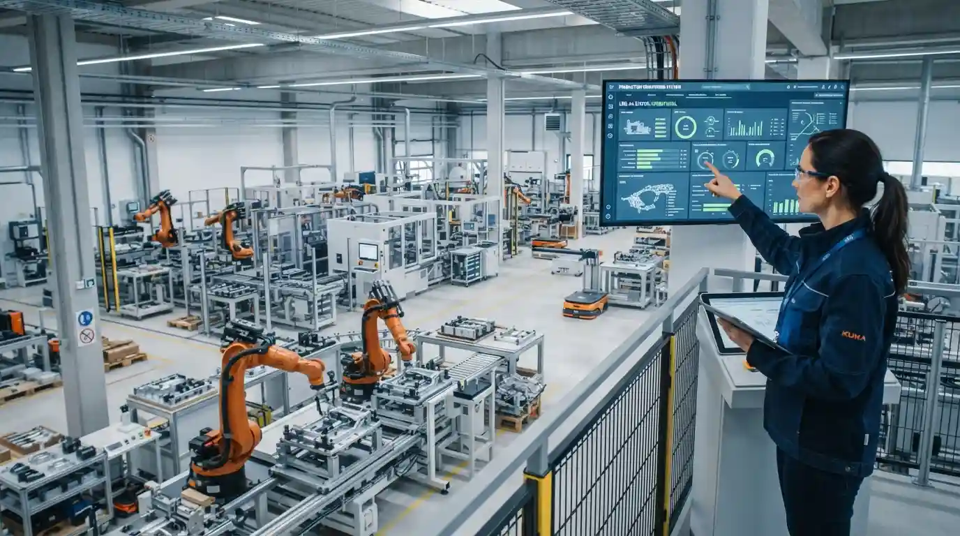 Engineer reviewing automated manufacturing equipment and digital production data in a modern industrial facility.