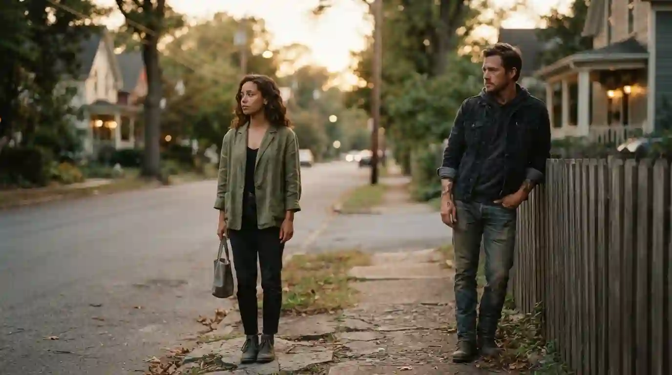 Young couple sharing an emotional moment in a quiet town at sunset