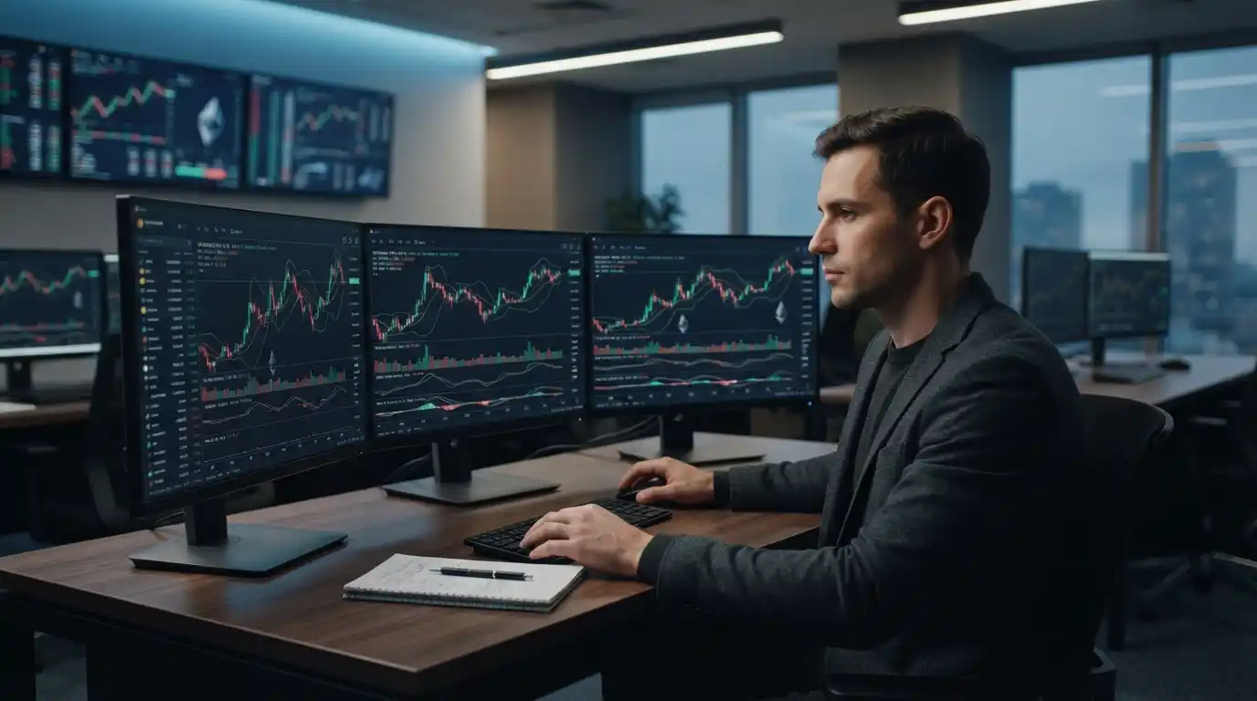 Professional cryptocurrency trading workstation showing market charts and digital asset analysis.