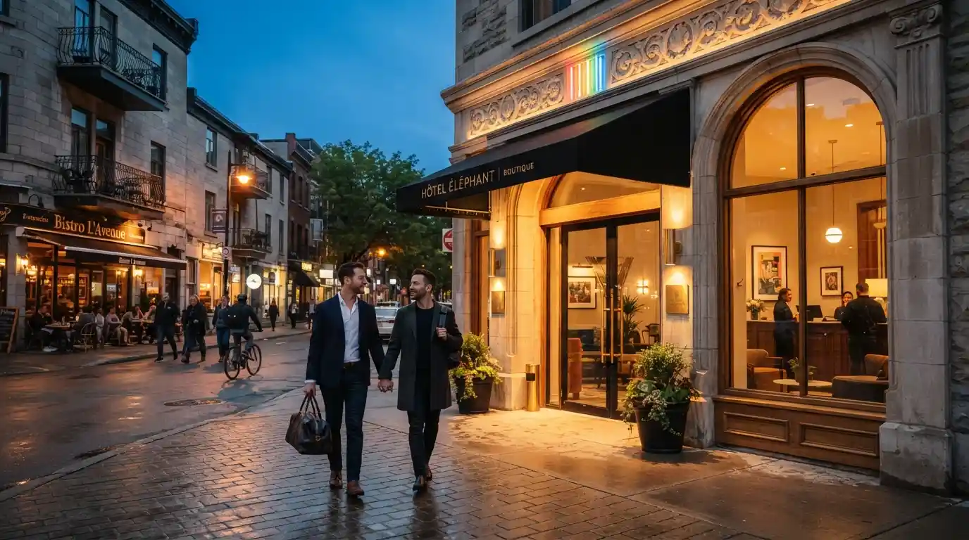 An LGBTQ+ couple arriving at an upscale hotel in Montreal during the evening.