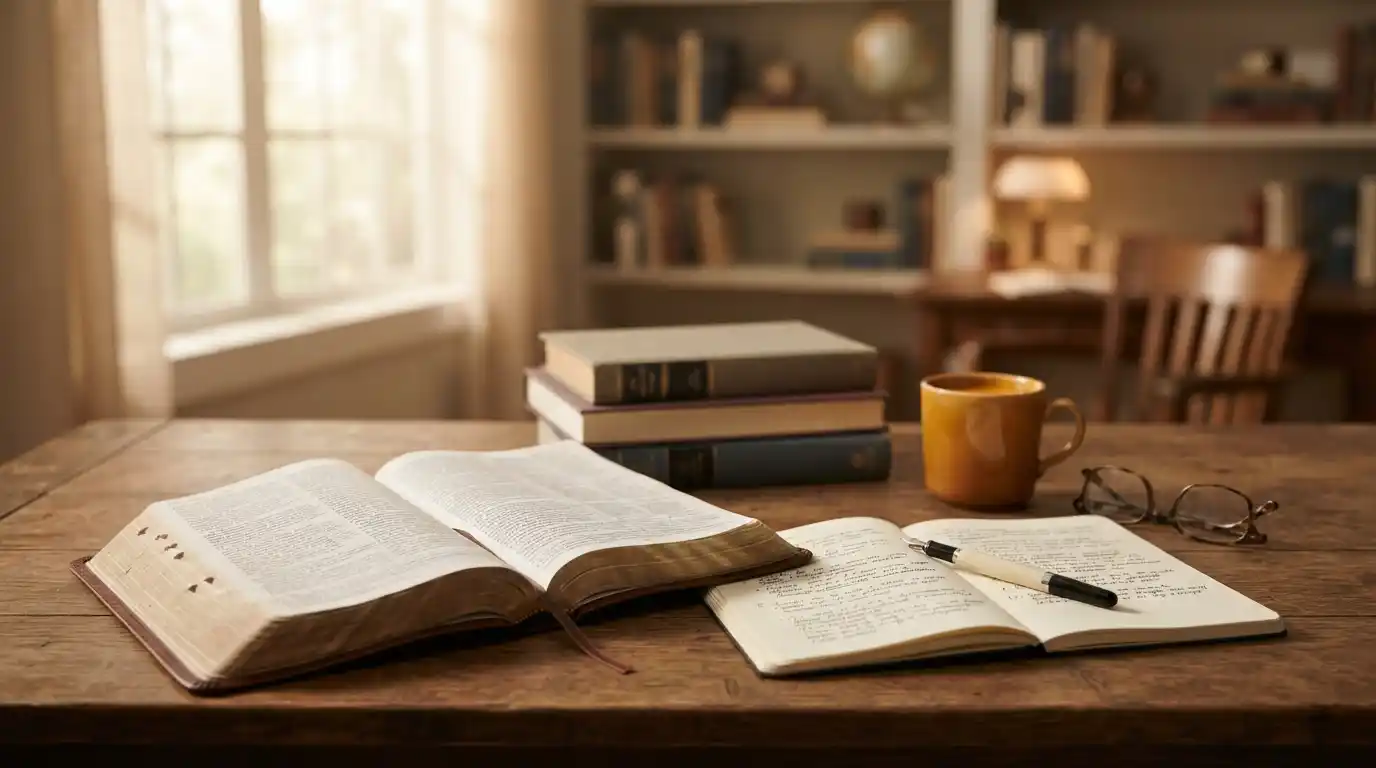 Open Bible beside books and study materials on an educational desk