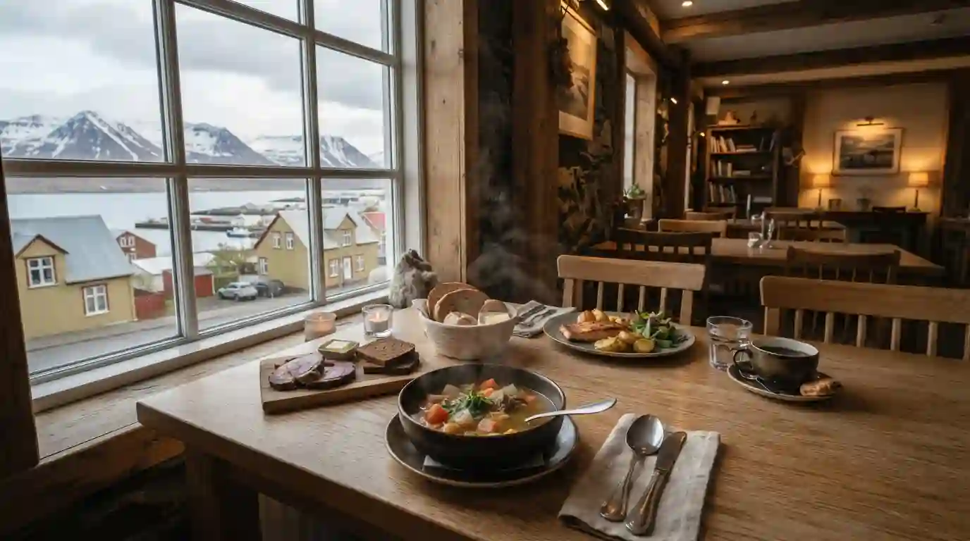 Icelandic-inspired seafood, lamb, soup, bread, and coffee served in a cozy Borgarnes restaurant