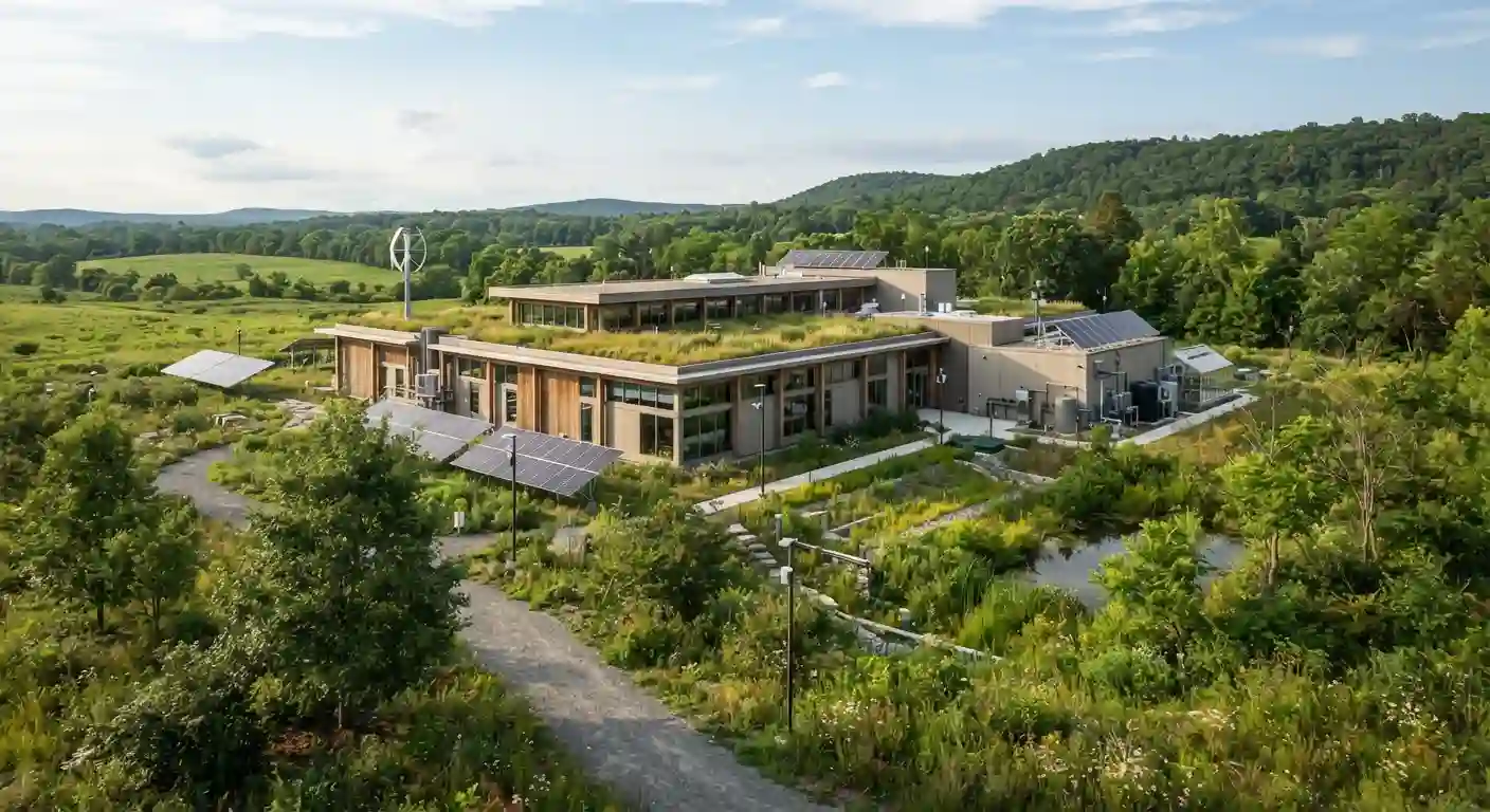 Modern environmental technology facility surrounded by green landscape and energy-efficient infrastructure
