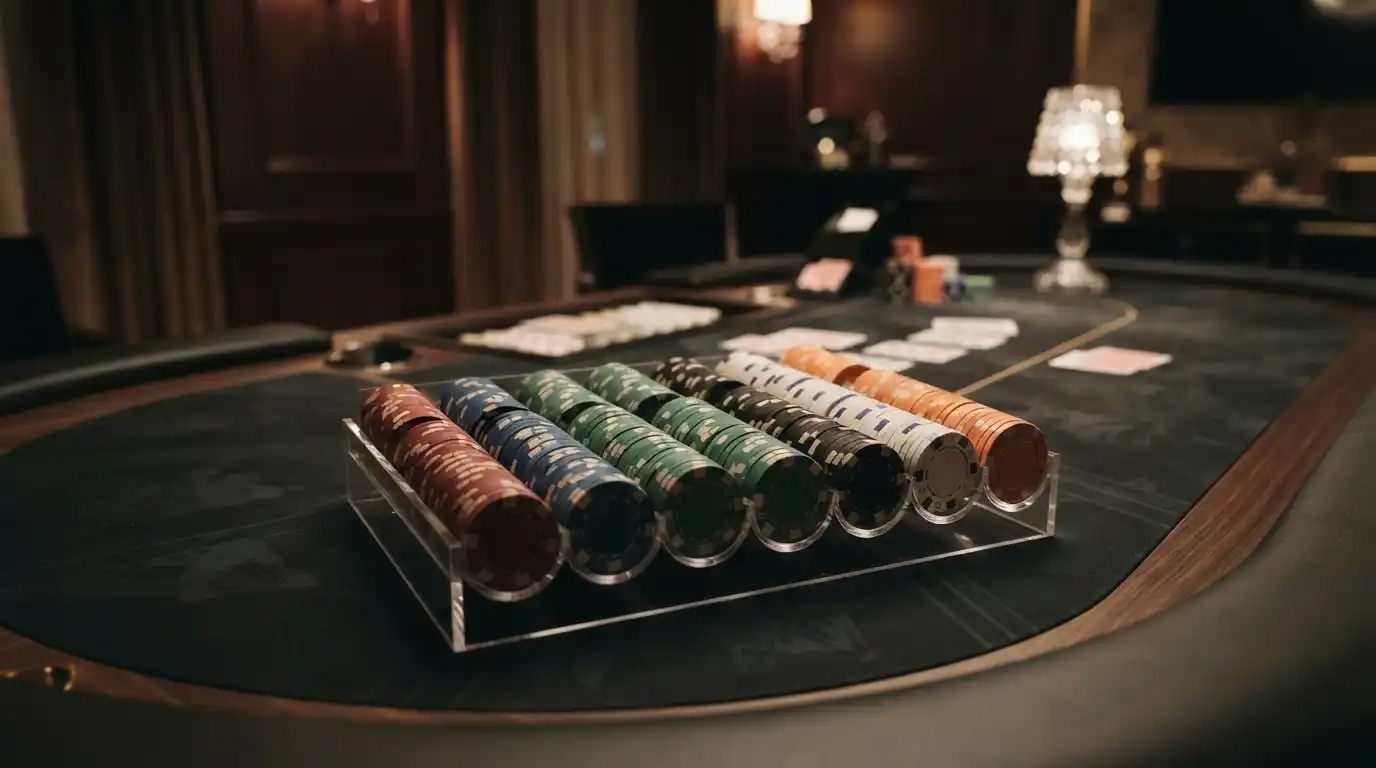 Organized casino chips displayed in a clear rack on a professional gaming table