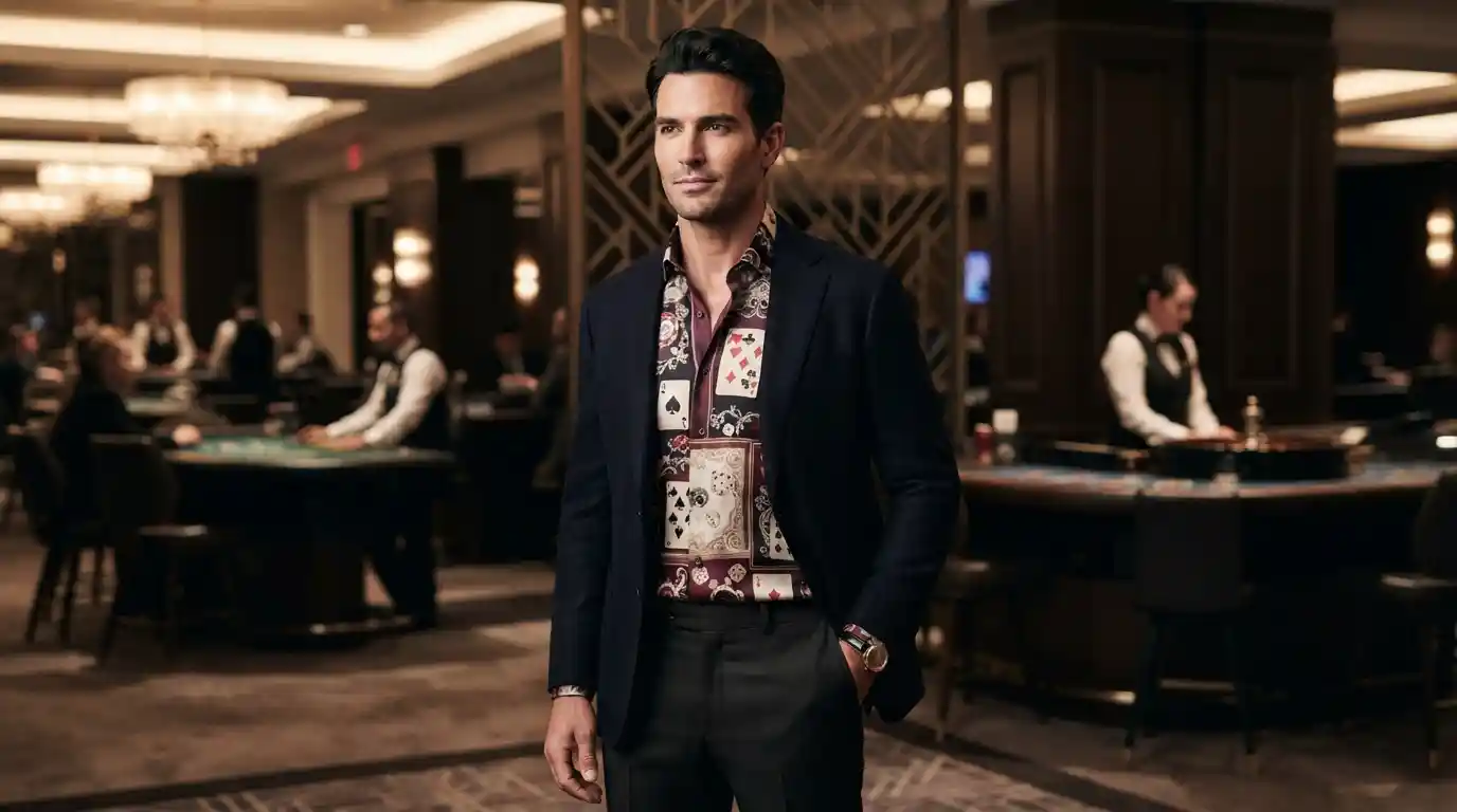 Stylish adult model wearing a casino-inspired button-down shirt in an elegant casino setting