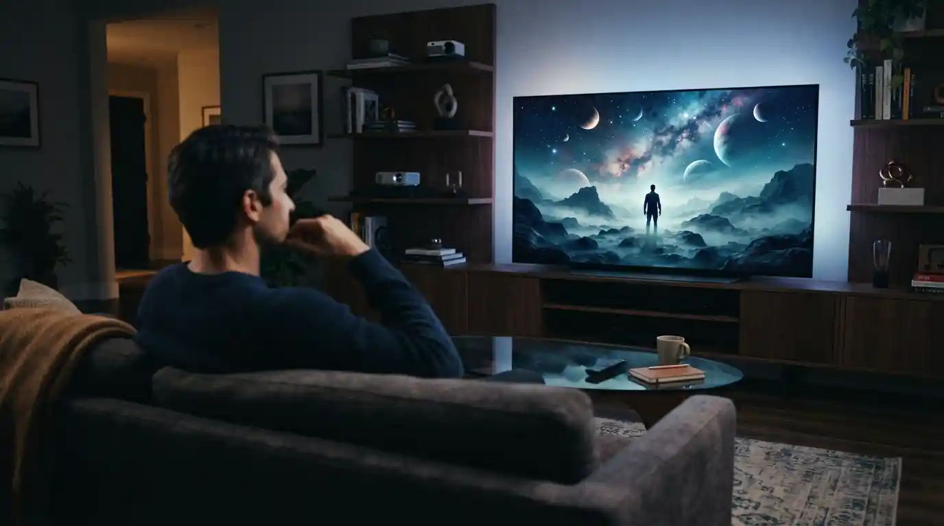 Modern home entertainment setup with a viewer watching a cinematic movie scene on a large television