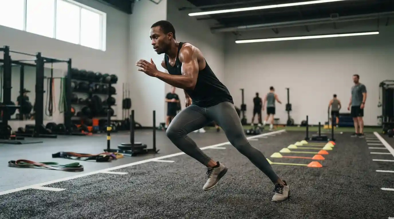Athlete performing an agility drill during a structured sports performance training session