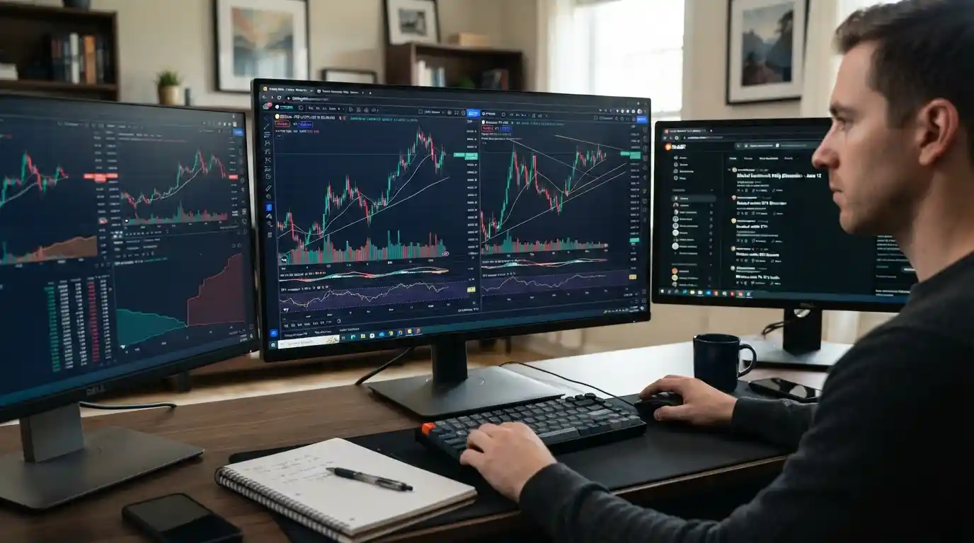 Cryptocurrency day trading workstation showing market charts and an online trading discussion interface