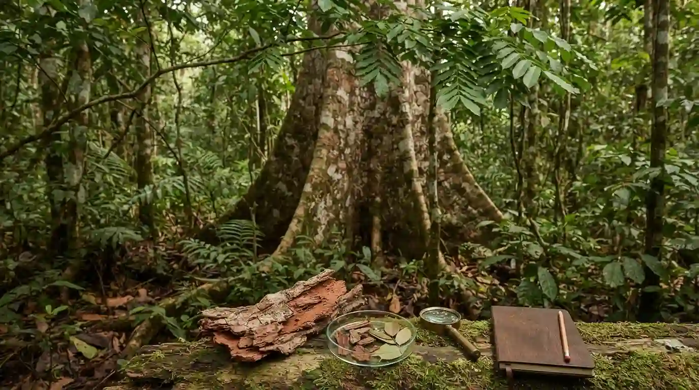 Cumaseba tree and bark shown in a tropical rainforest setting