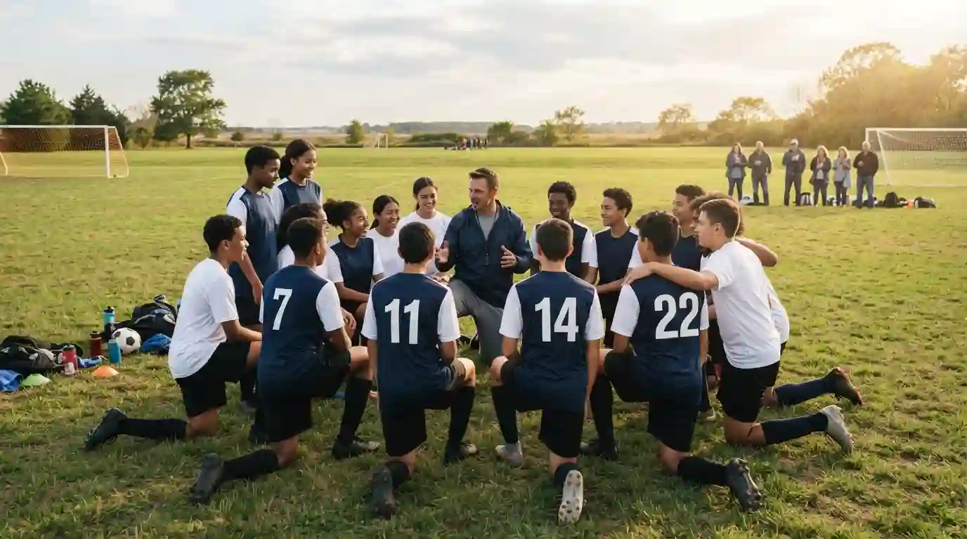 Youth athletes listening to their coach during a team practice on a soccer field