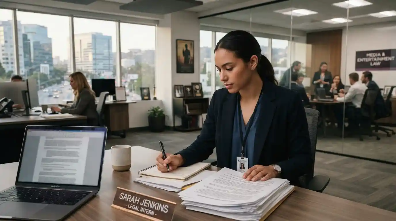 Law student reviewing legal documents in a professional entertainment industry office