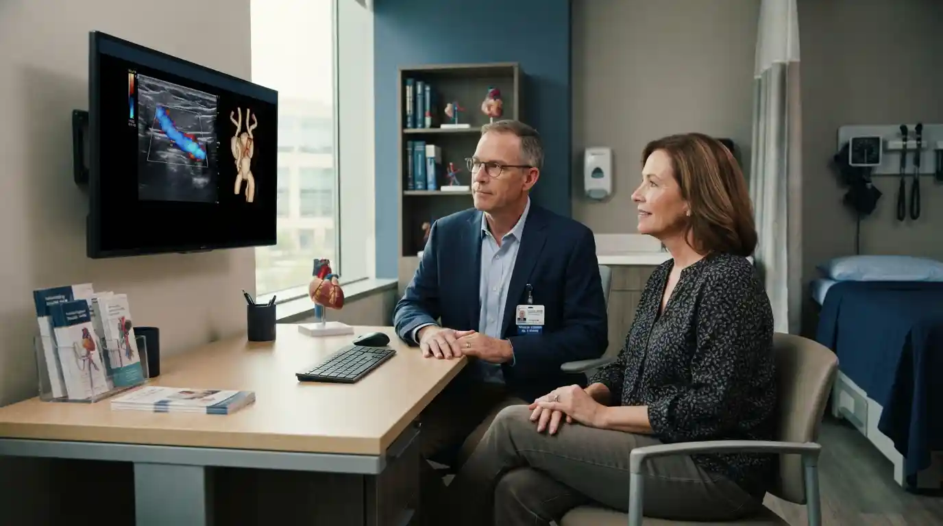 Vascular surgeon discussing circulation and medical imaging with a patient in a modern clinic