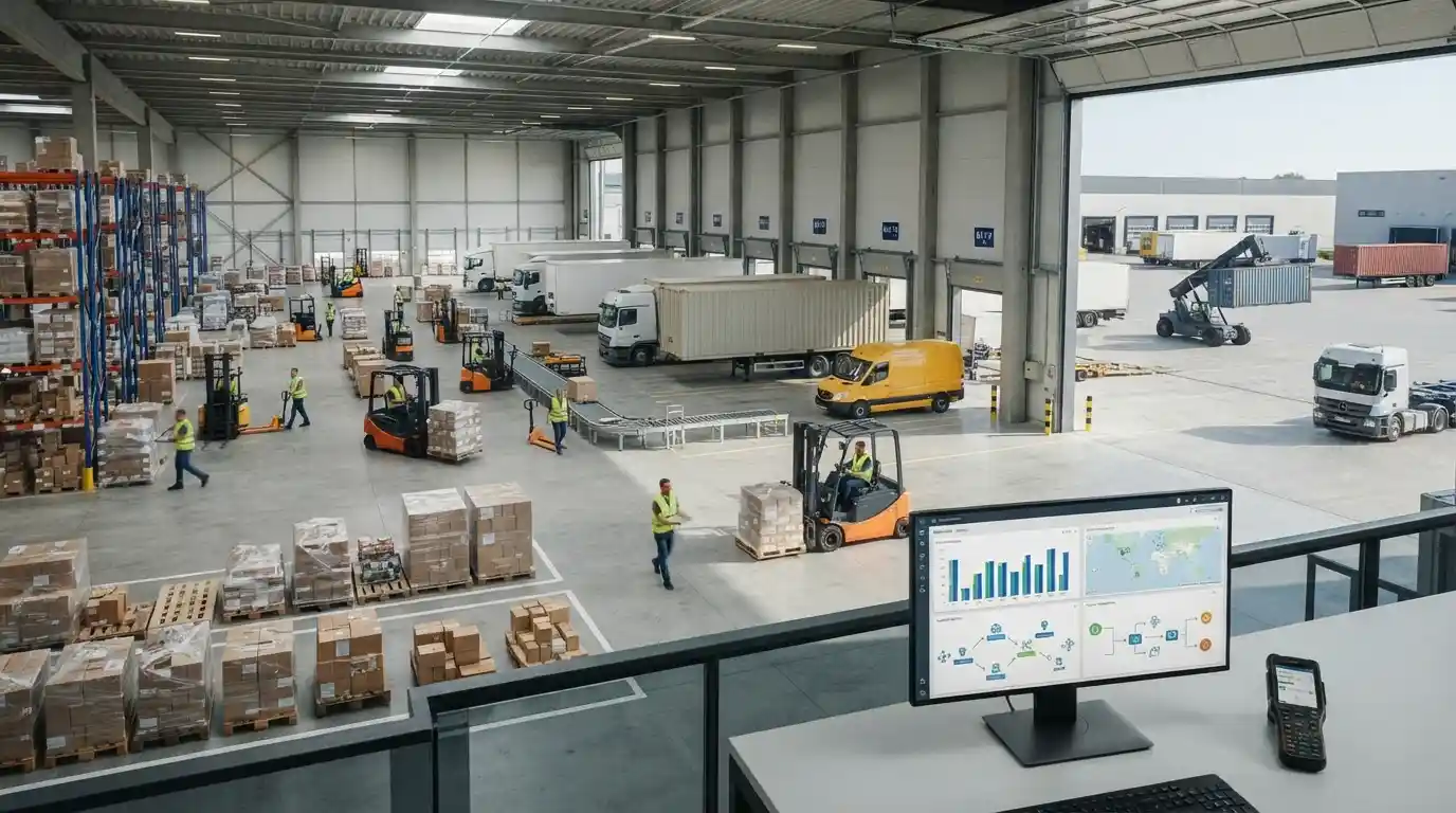 Modern warehouse and transportation network representing efficient supply chain management