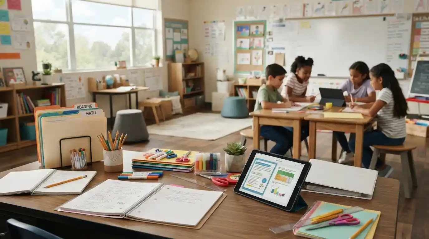 Organized school supplies on a classroom desk with students learning in the background