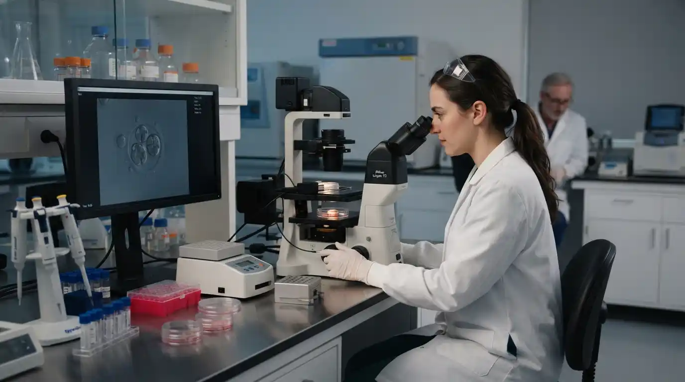 Science trainee working with laboratory equipment during embryology education