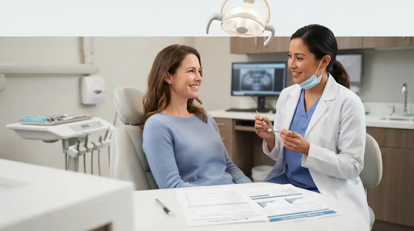 Dentist discussing dental insurance coverage with a patient in a modern dental office