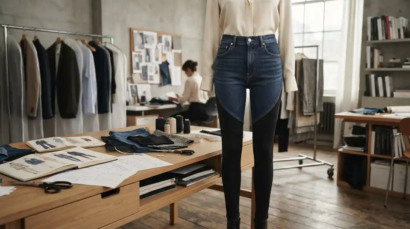 Contemporary hybrid fashion outfit combining denim-inspired and fitted clothing elements in a fashion design studio
