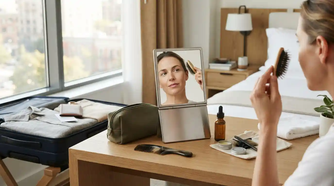 Compact travel mirror beside personal grooming essentials in a hotel room